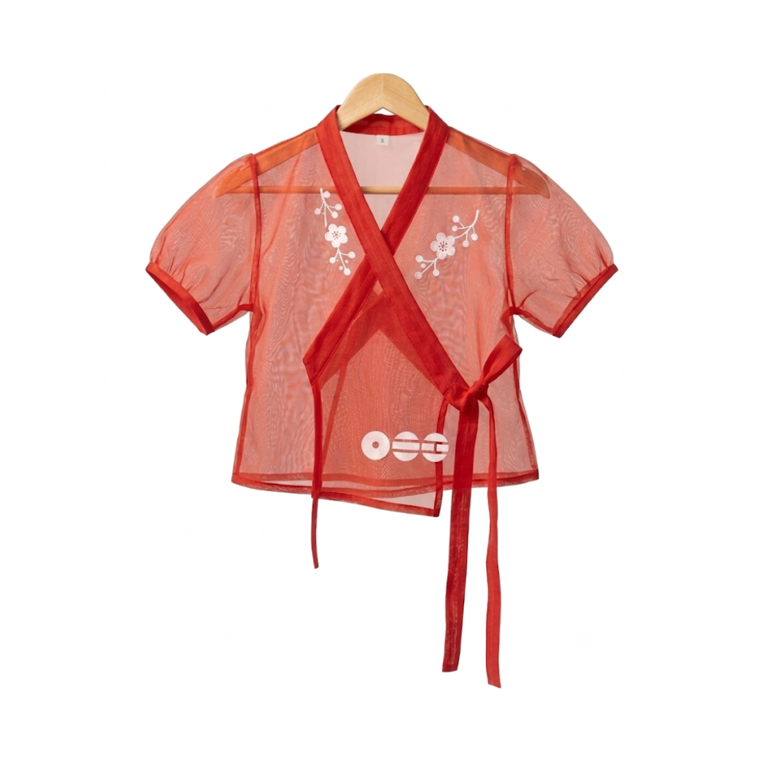 Blusa Transparente Hanbok Moderno – Top de Organza en Rojo Vibrante