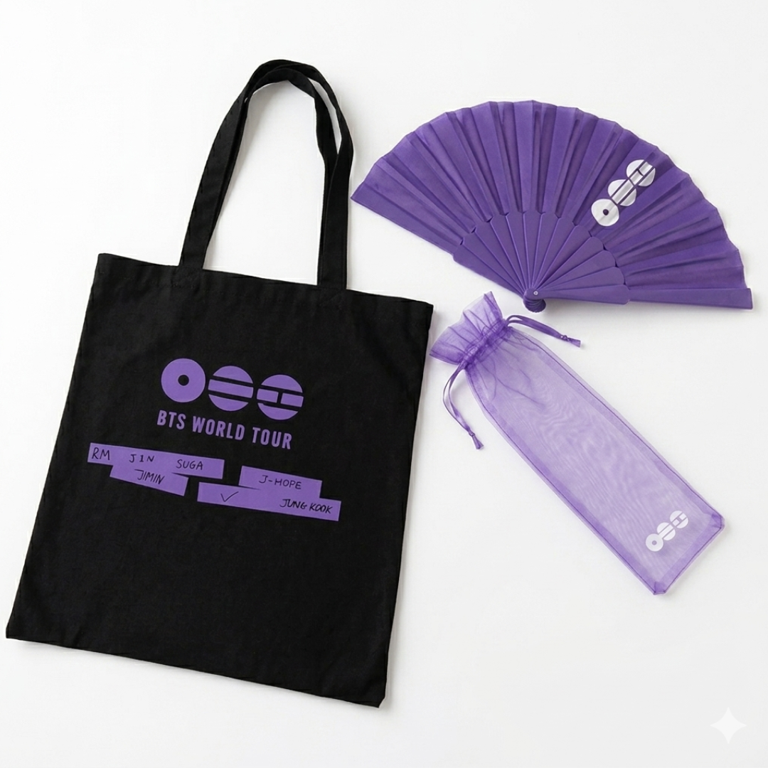 Black tote bag with purple text, purple fan, and purple drawstring bag on a white background