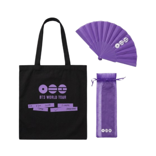 Black tote bag, purple fan, and drawstring bag with BTS World Tour Fanmade Kpop