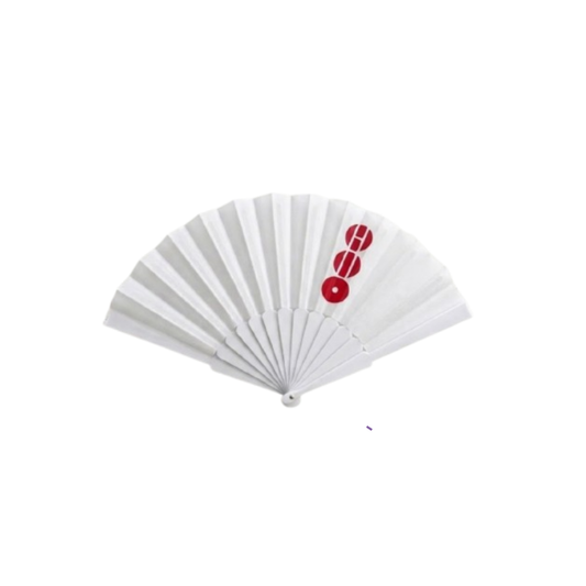 Abanico Arirang Coreano Minimalista Blanco con logo rojo con Bolsita. Accesorio Aesthetic de Estilo K-Pop, Incluye Funda de Organza.