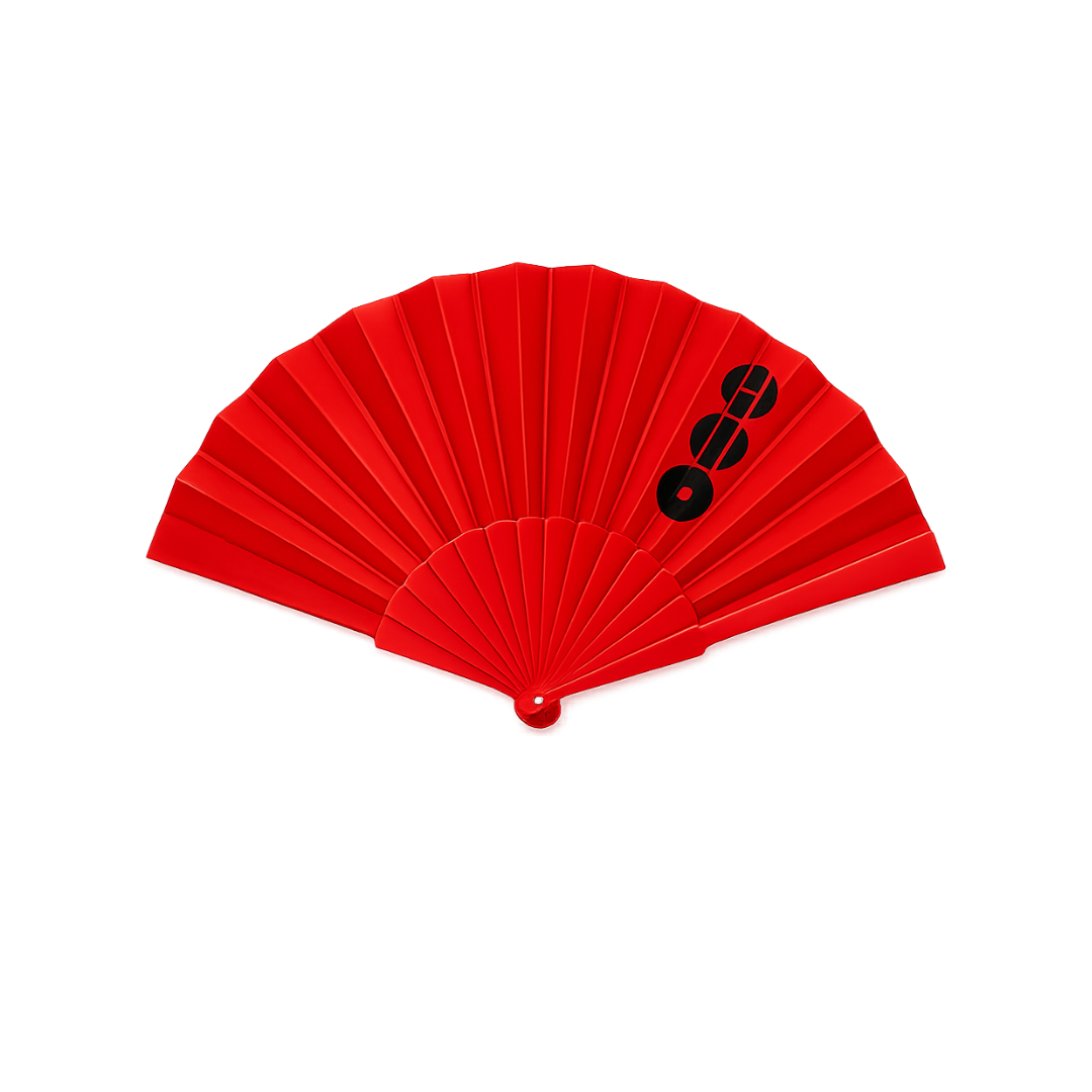 Abanico de Mano BTS Rojo Diseño Arirang Negro con Funda de Organza – Accesorio para Conciertos y Eventos ARMY