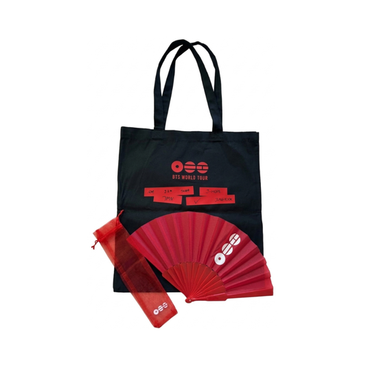 K-Pop World Tour Arirang Accessories Set - Black Tote Bag + Red Folding Fan + Gift Pouch - Korean Aesthetic
